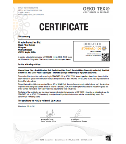 Grasim SFD, Nagda OekoTex100 Certificate Jan'2022