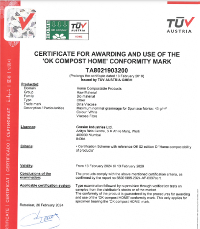 Grasim Industries - Certificate For Awarding And Use Of The 'Ok Compost Home' Conformity Mark