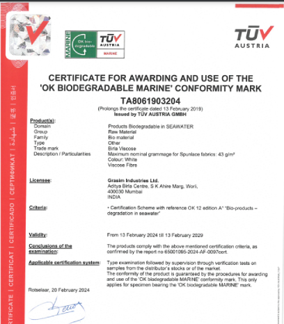 Grasim Industries - Certificate For Awarding And Use Of The 'Ok Biodegradable Marine' Conformity Mark