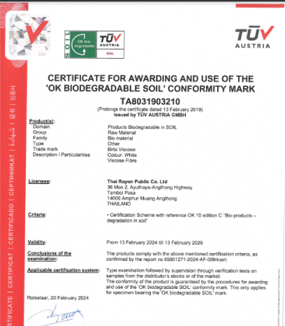 Thai Rayon - Certificate For Awarding And Use Of The ‘OK BIODEGRADABLE SOIL’ Conformity Mark