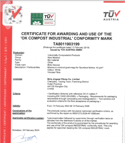 Birla Jingwei - Certificate For Awarding And Use Of The ‘OK COMPOST INDUSTRIAL’ Conformity Mark