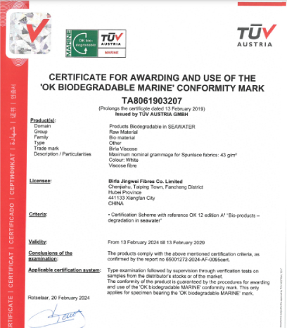 Birla Jingwei - Certificate For Awarding And Use Of The ‘OK BIODEGRADABLE MARINE’ Conformity Mark