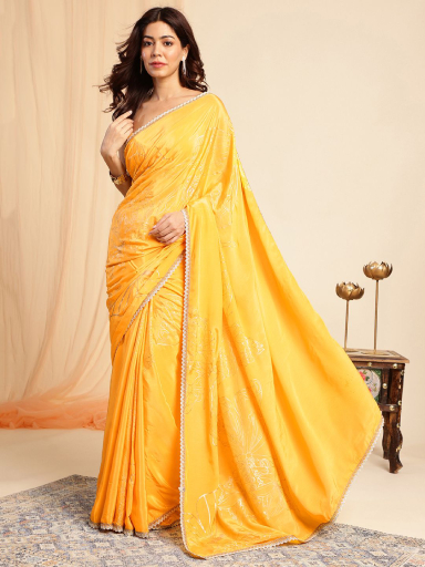 lumina allure yellow satin saree
