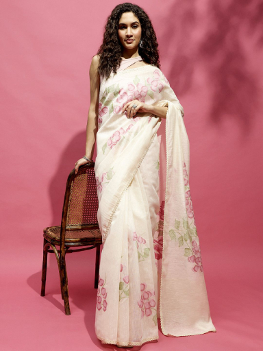 handcrafted petals light pink floral saree
